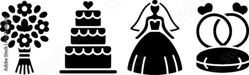 Wedding Bouquet Cake Bride Dress Rings Set Celebration