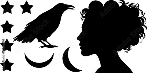 Mystical sorceress with raven silhouette and arcane symbols for magical design