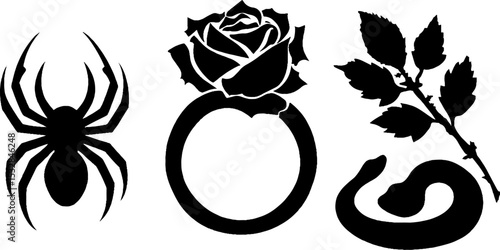 Gothic elements: spider silhouette with gothic rose and web design for artistic projects