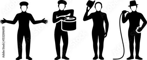 Mime Performer Set Gestures Hat Drum Singing Characters
