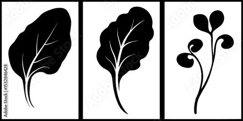 Artistic spinach leaf and sprout designs with vein patterns for nature-inspired projects