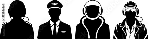 Pilot Captain Astronaut Tanker Crew Head Silhouettes Set