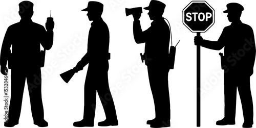 Police Officer Silhouettes with Walkie Talkie Baton Megaphone and Stop Sign