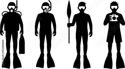 Scuba Diver Silhouettes Underwater Exploration Equipment Pose
