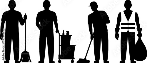 Silhouettes Cleaning Staff Holding Broom Floor Mop Trash Bag