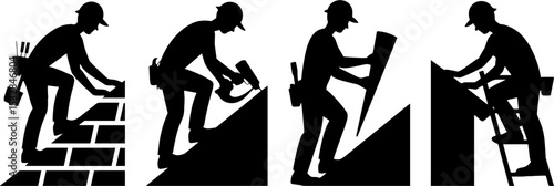 Construction Worker Performing Various Masonry Tasks Building Wall