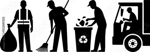 Garbage Collection Workers Sweeping Recycling Bin Garbage Truck