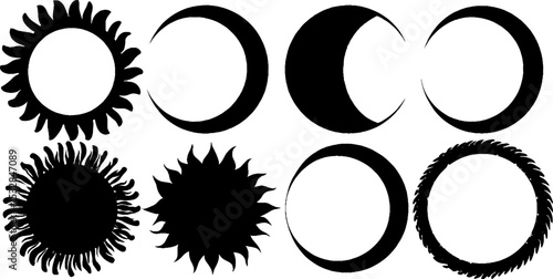 Celestial symbols collection: sun discs, crescent moons, and star clusters for design and decoration