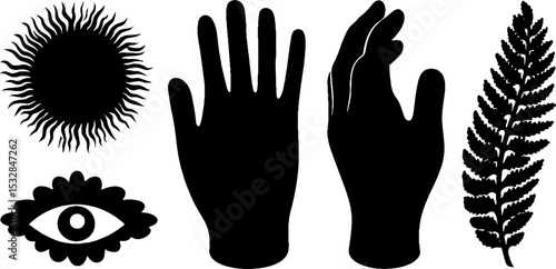 Mystical elements with sun, spiral hand, eye, and fern for creative design
