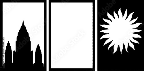 Urban skyscraper silhouette with sunburst pattern for modern design projects