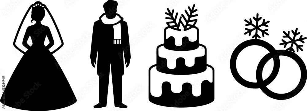 Naklejka premium Wedding Bride Groom Cake Winter Ringss Set