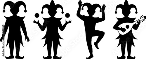 Jester Silhouettes Juggling Dancing Playing Lute Medieval Entertainment