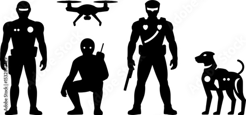 Tactical Swat Team Silhouettes With Drone Police Dog Security Concept