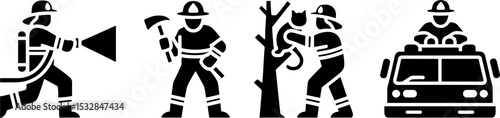 Firefighter Actions Hose Axe Rescue Cat Fire Truck