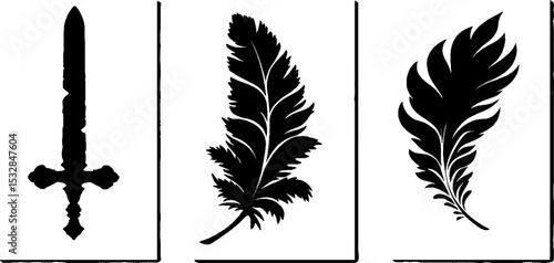 Medieval symbols: sword in stone, rune arc, and raven feather design elements