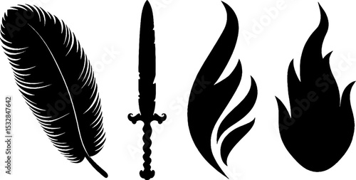 Ancient symbols and elements: raven feather, sword, rune arc, and fire silhouettes for design
