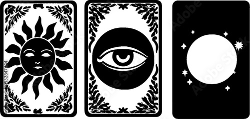 Mystical tarot card collection featuring sun, all seeing eye, and cosmic stars for spirituality and divination