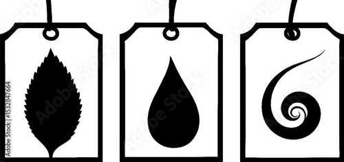 Abstract tea bag tag design featuring leaf, water drop, and swirl icons