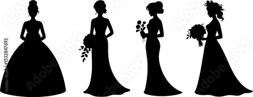 Wedding Bride Silhouette Set Bridal Gown Bouquet Poses