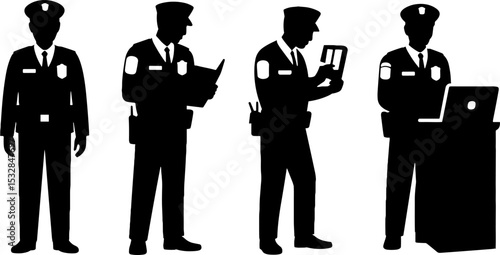 Police Officer Silhouettes Standing Writing Using Laptop Security Concept