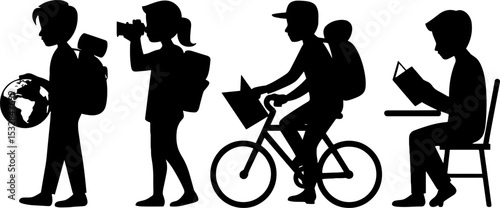 School Children Walking Cycling Reading Outdoor Learning Activity