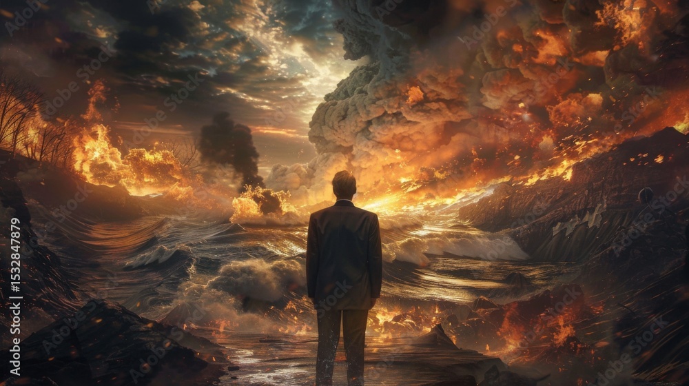 Obraz premium A figure stands amidst a chaotic, fiery landscape.