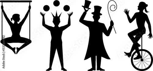 Circus Performer Silhouettes Acrobat Juggler Ringmaster Unicyclist Set