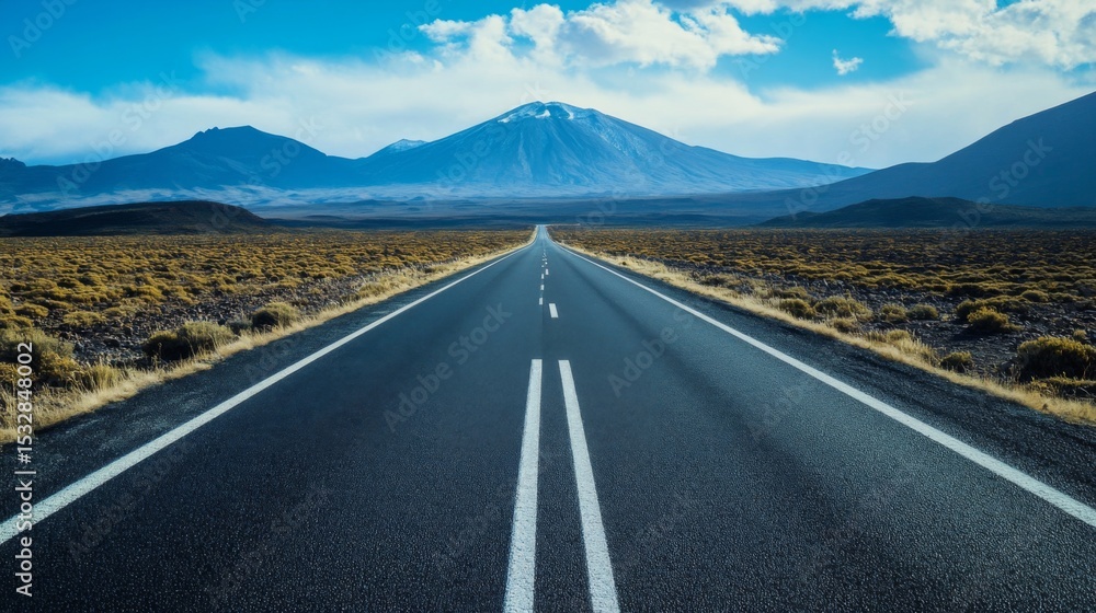 Naklejka premium Empty highway in a rural setting, stretching through scenic landscapes, representing road transport and cross-country travel