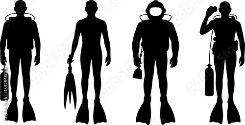 Silhouettes Scuba Diver Set Diving Equipment Underwater Exploration