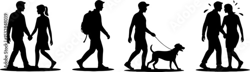 Silhouette Couple Walking Holding Hands with Hiker and Man Walking Dog