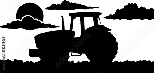 Agricultural scene with tractor silhouette and sunset over plowed field for farm design
