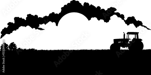 Scenic rural landscape with tractor silhouette, plowed field, and setting sun