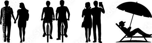 Silhouette Couples Walking Biking Taking Selfie Relaxing Beach Umbrella