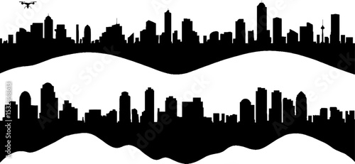 Futuristic urban skyline with neon arcs and drone silhouettes for modern design