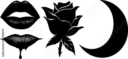 Gothic elements with vampire lips, blood drop, rose, and crescent moon for halloween design