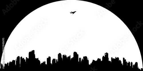 Urban skyline with neon arc and drone silhouette at night