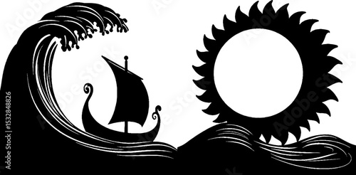 Viking ship sailing through wave with sun disc in bold black design