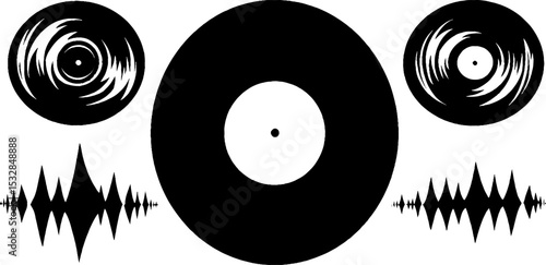 Retro music elements featuring vinyl records, sound waves, and star trails for creative designs