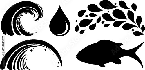 Abstract ocean elements with waves, fish, and water droplets for design projects