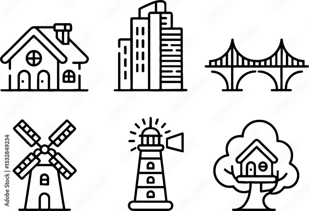 Fototapeta premium Set of Buildings House Skyscraper Bridge Windmill Lighthouse Treehouse