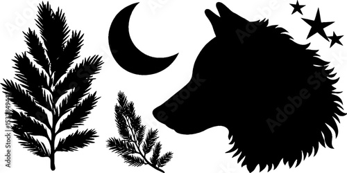 Wolves and nature: crescent moon and stars with wolf silhouette