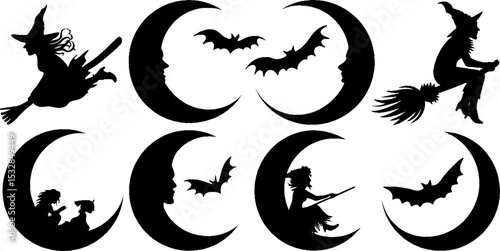 Enchanting witch silhouettes with moon and bats for halloween design