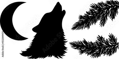 Mystical wolf silhouette with crescent moon and star trail design