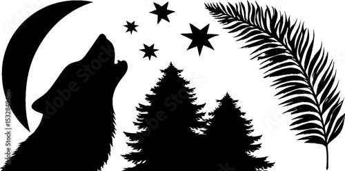 Wild nature scene with howling wolf silhouette and moonlit pine landscape
