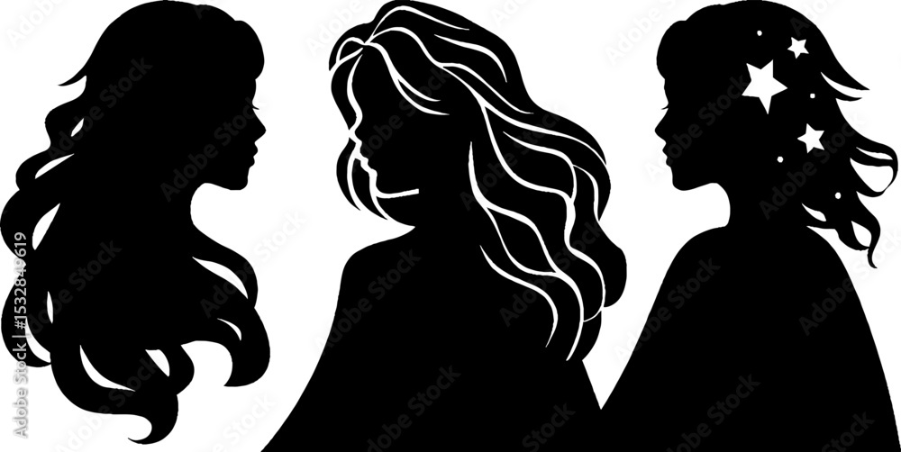 Celestial woman silhouettes with starry cloaks and moon elements for creative design Celestial woman silhouettes with starry cloaks and moon elements for creative design