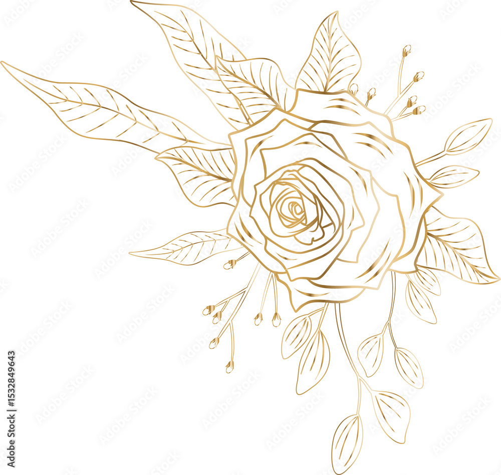 Fototapeta premium Flat gold-lined rose is appearing as corner accent with leaves and buds transparent background
