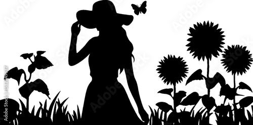 Woman in sunhat with sunflower field silhouette and butterfly design for nature art