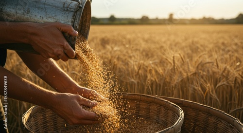 Farmer's hands carefully pour harvested wheat grains into a woven basket, amidst a sun-drenched field