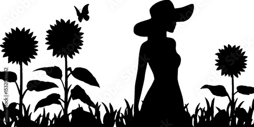 Woman in sunhat silhouette in sunflower field with butterfly theme
