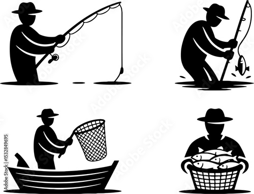 Fishing Man Catching Fish Ice Fishing Boat Net Basket Concept